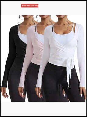 Ballet Pilates Wrap Top Y2K Workout Yoga Long Sleeve Tie Front Crop Top